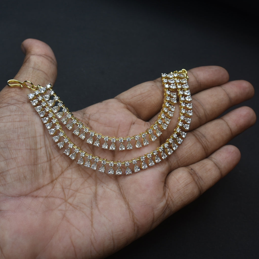 White CZ Rhodium-Gold Plated Champaswaralu - 14cm Ear Chains