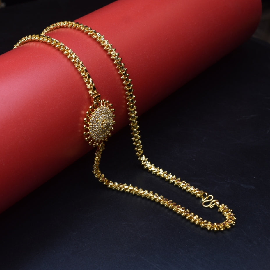 "Gleaming Elegance: Elevate Your Style with Gold-Plated Traditional AD Stone Mugappu Saradu Chain for Women"
