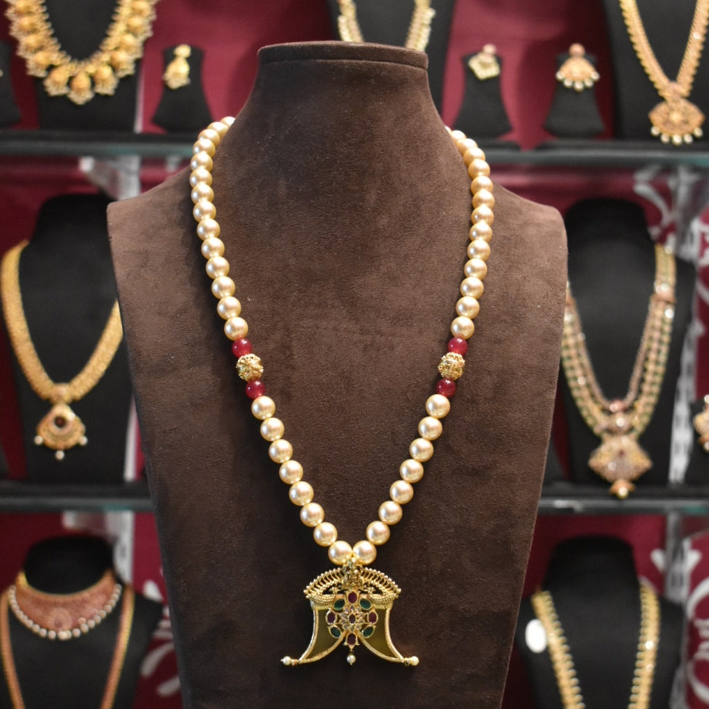 Navratna Puligoru Locket with Pearl Necklace - Luxury Groom Jewelry