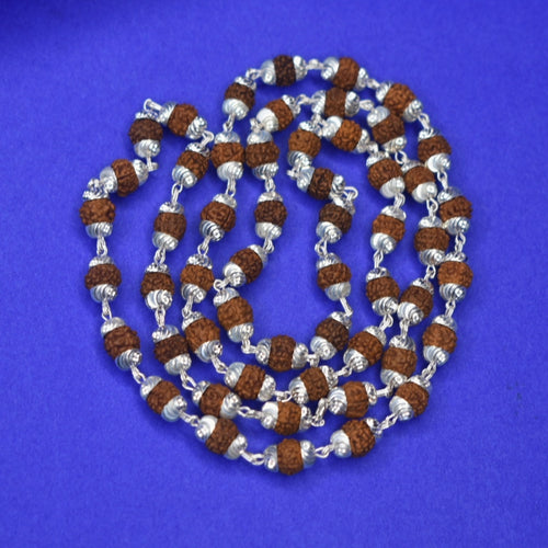 92.5 Sterling Silver Rudraksha Mala for Men - 26 Inch Sacred Chain