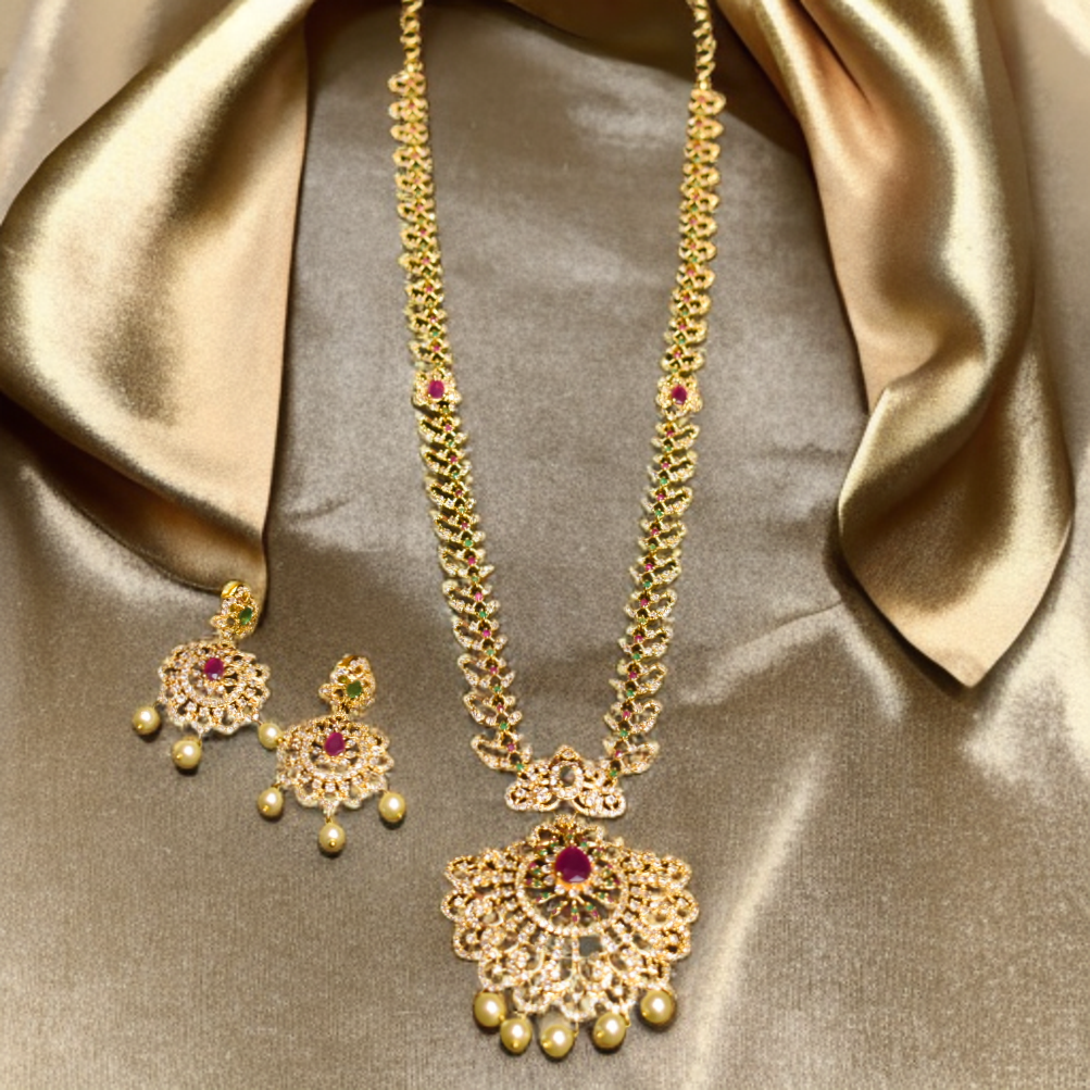 CZ Gold Plated Long Necklace Set - Timeless Elegant Bridal Jewelry