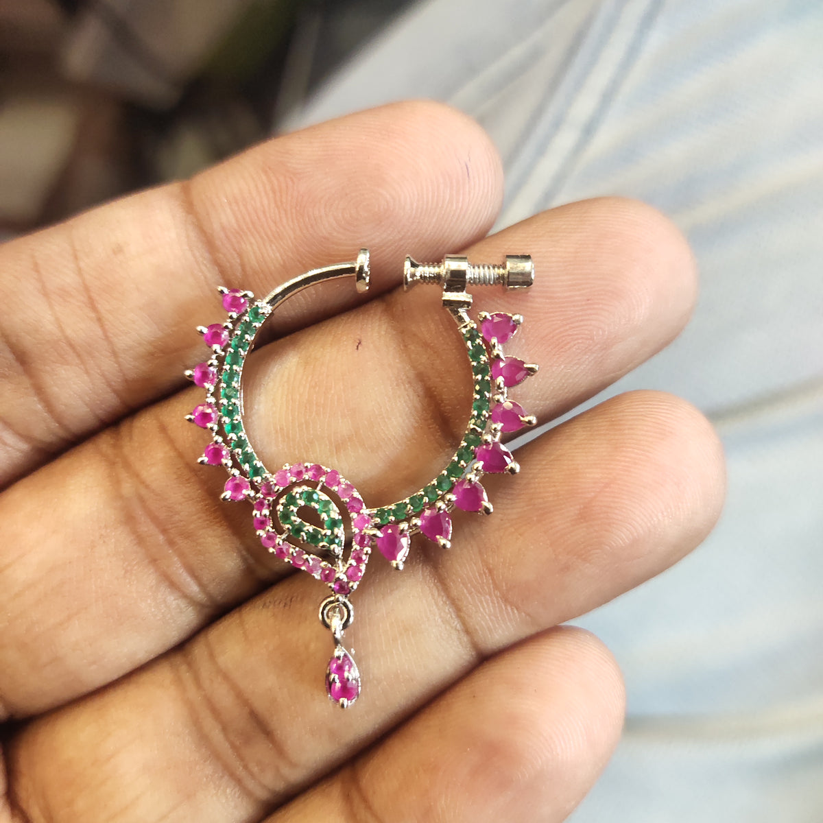White Rhodium Plated South Indian Nath | No Piercing Nose Ring with Zircon Stones