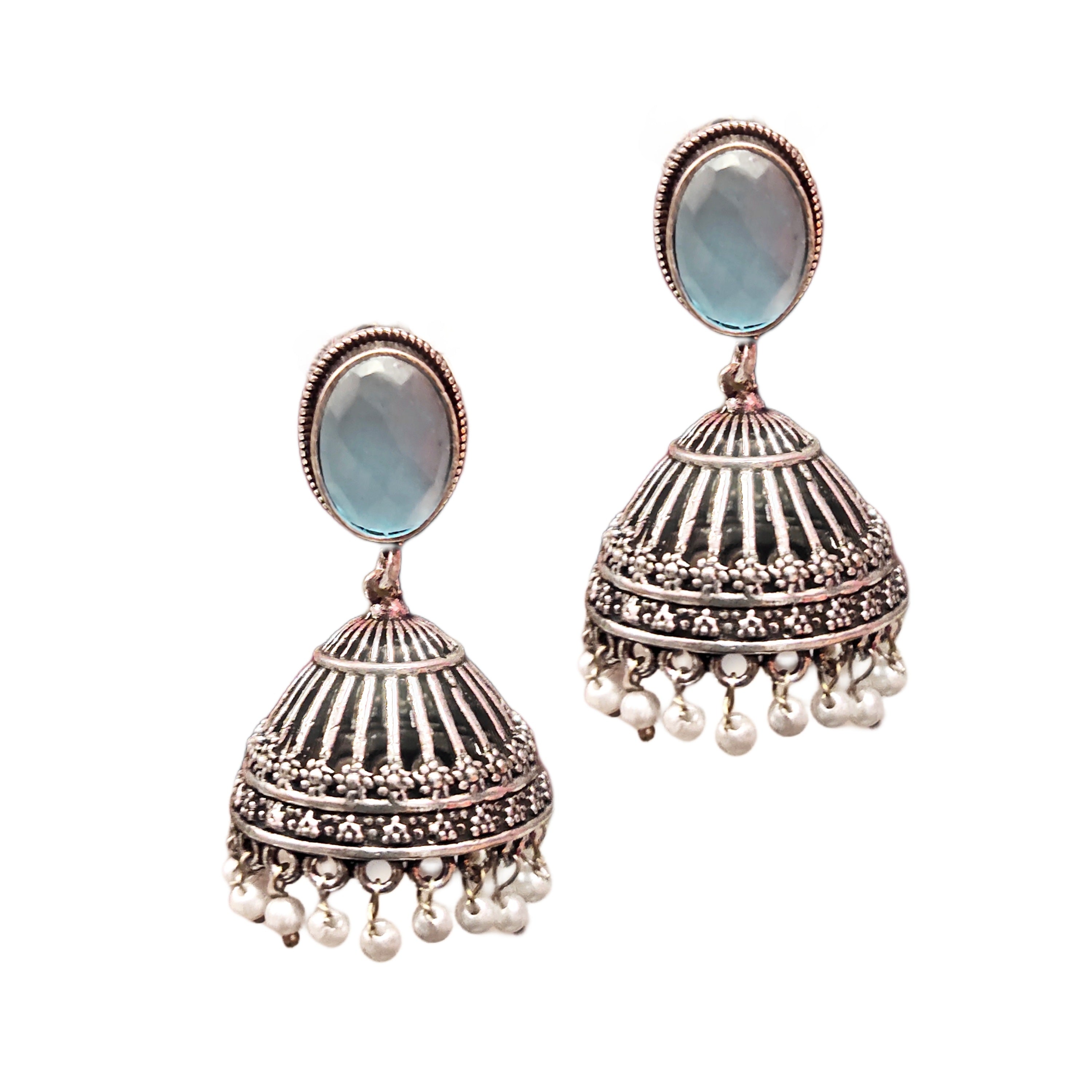 Oxidized Silver Jhumka with Red Pearls - Elegant Traditional Earrings