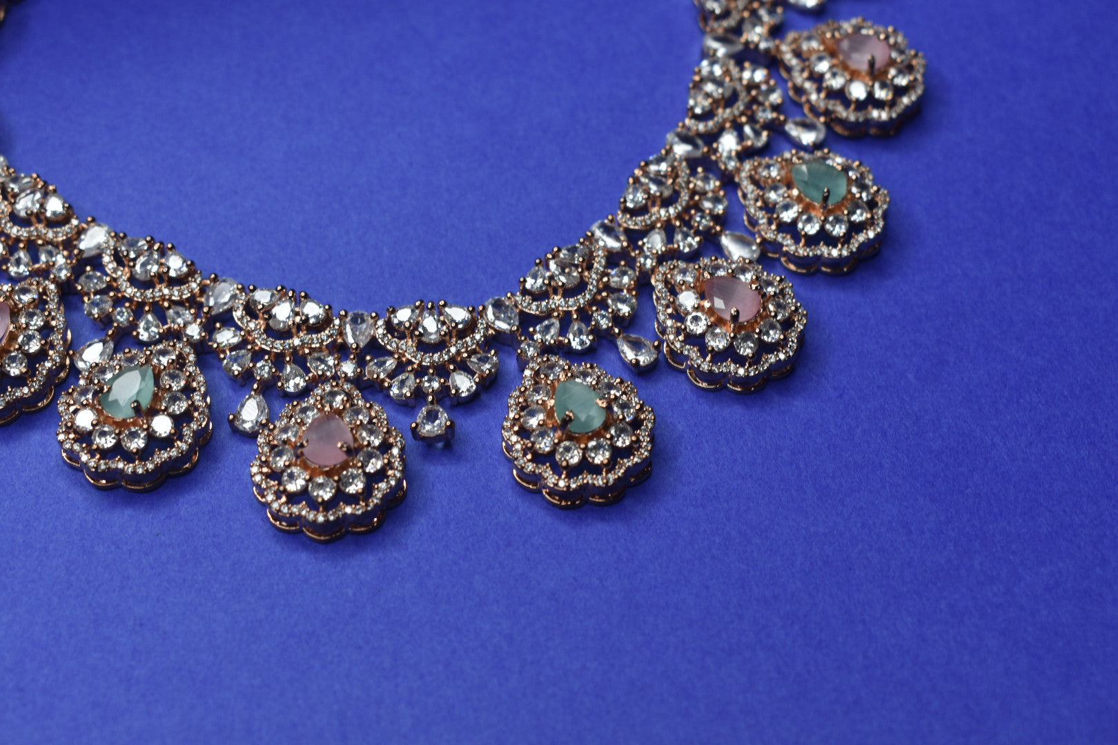 Rose Gold Plated CZ Necklace Set with Jhumka Earrings - Zircon Jewelry
