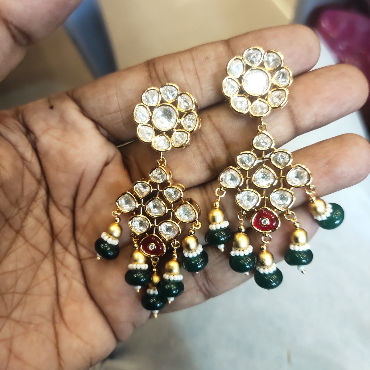 24K Gold Plated Kundan Necklace Set with Chandelier Earrings - Traditional Indian Jewelry