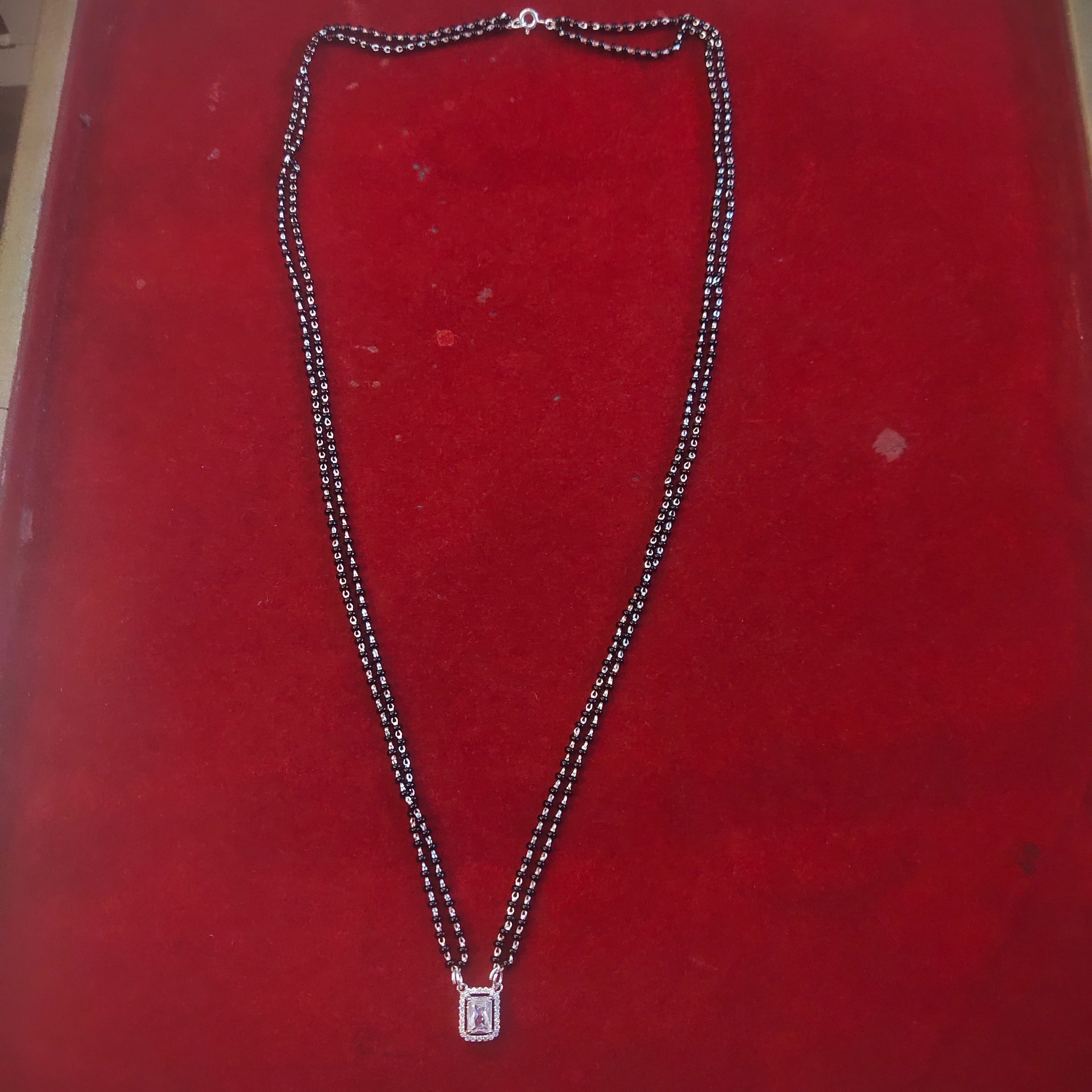 Double Strand Black Bead Mangalsutra with Emerald-Cut CZ Pendant