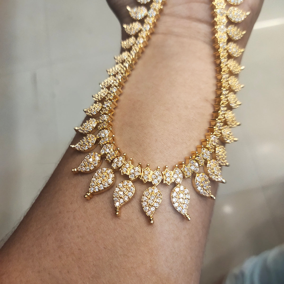 24K Gold Plated Zircon Long Necklace Set - South Indian Traditional Design
