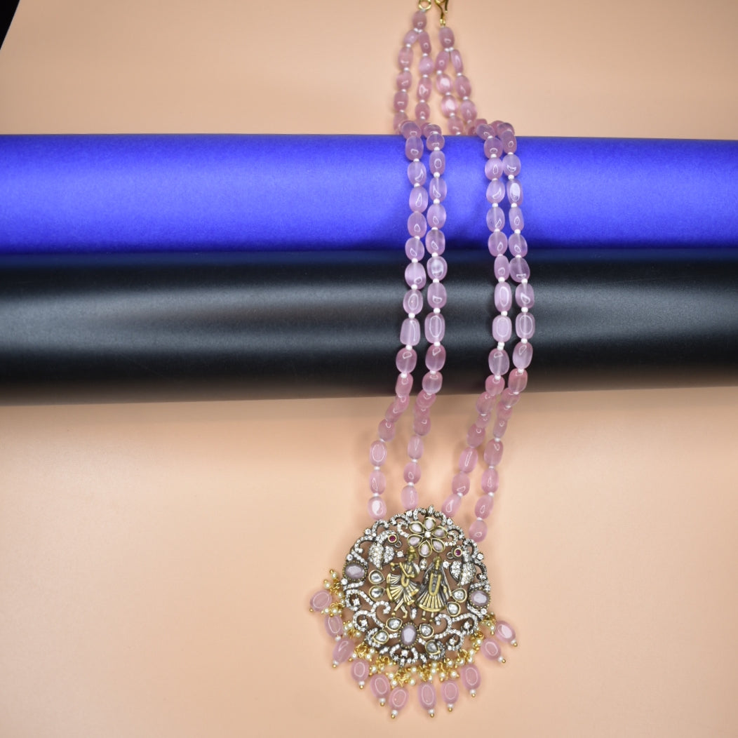 "Regal Elegance: Victorian Radhakrishna Pendant Set with Pink Beads Necklace"