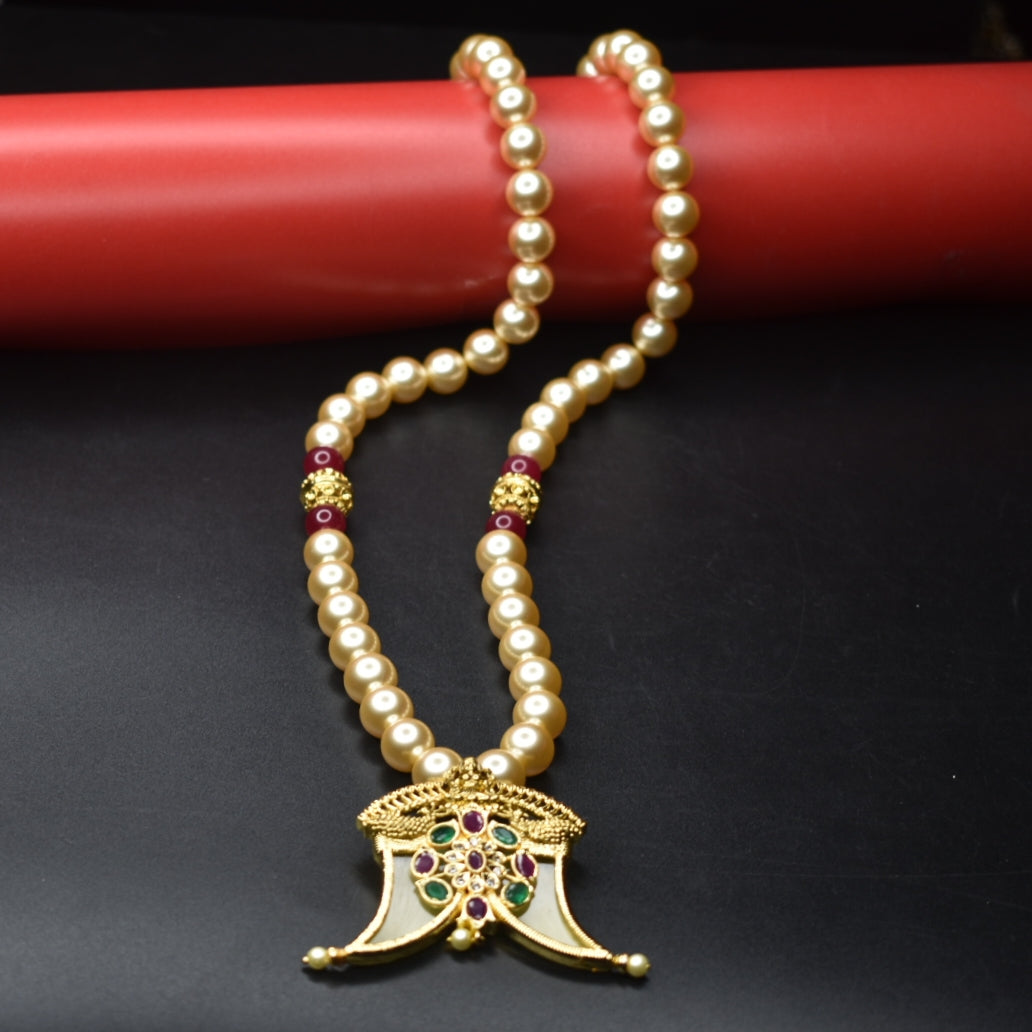 Navratna Puligoru Locket with Pearl Necklace - Luxury Groom Jewelry