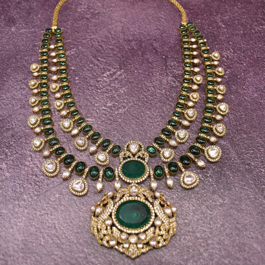 Moissanite Kundan Necklace Set - 24K Gold Emerald Maang Teeka Wedding Jewelry