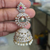 CZ Diamond Chandbali Jhumka Earrings – Push Back | Ruby Pink Stone with Pearl Drops
