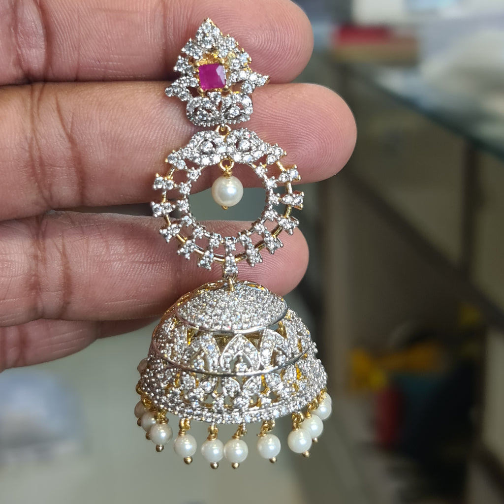 CZ Diamond Chandbali Jhumka Earrings – Push Back | Ruby Pink Stone with Pearl Drops