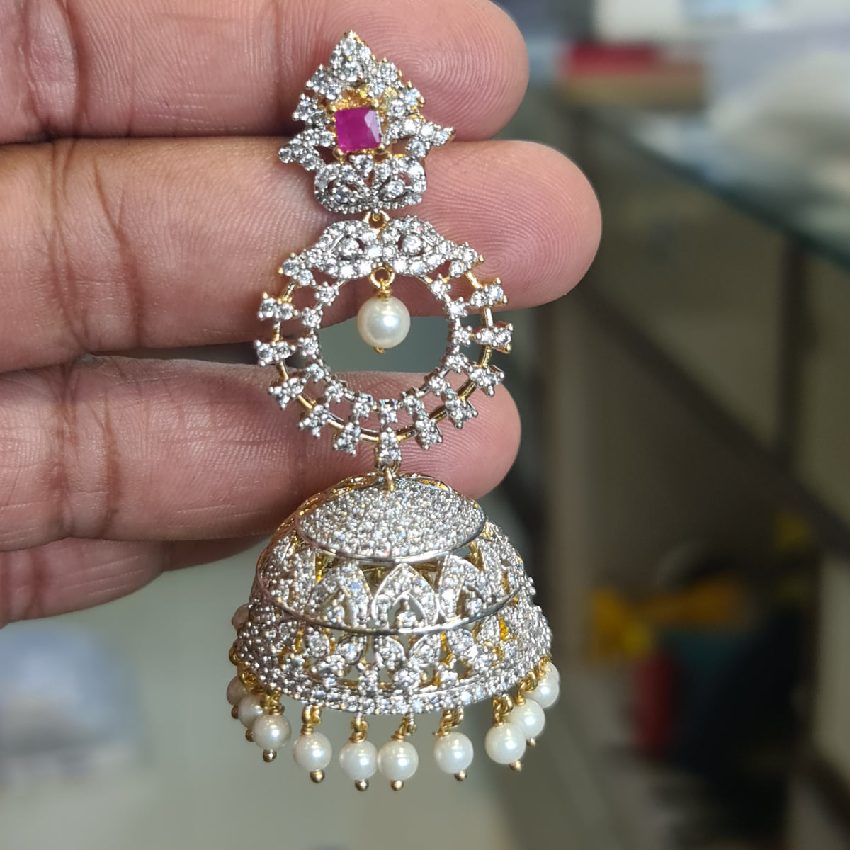 CZ Diamond Chandbali Jhumka Earrings – Push Back | Ruby Pink Stone with Pearl Drops