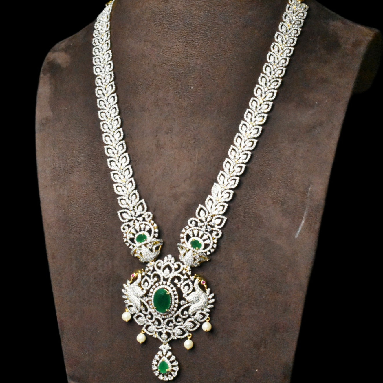Bridal Diamond Haram - Emerald CZ Pearls Long Necklace Set