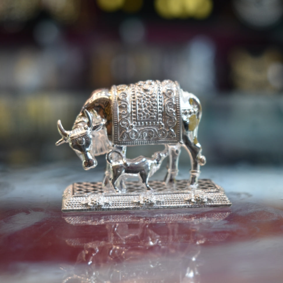 Pure Silver Kamdhenu Cow Idol - Handcrafted Sacred Gau Mata Statue