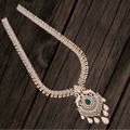CZ Diamond V-Shape Long Necklace Set with Peacock Pendant & Jhumka Earrings | Red & Green