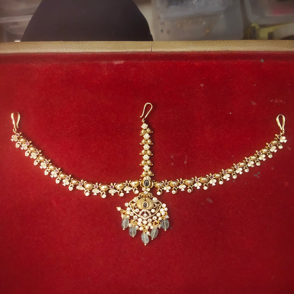 Kundan Polki Maang Tikka with Grey Stone Drops | Bridal Mathapatti