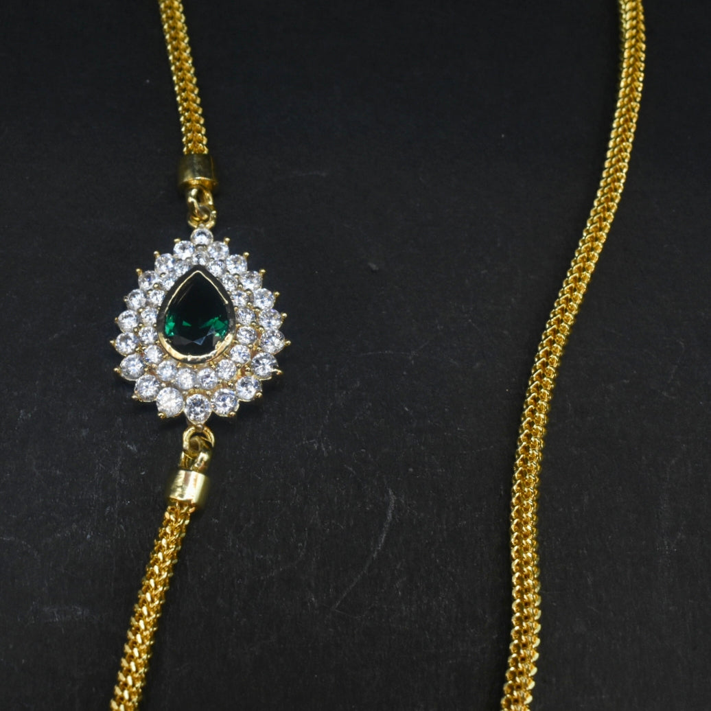 925 Sterling Silver 24K Gold Plated Thali Bottu Mangalsutra Chain with Green Zircon Side Brooch - 24 Inches