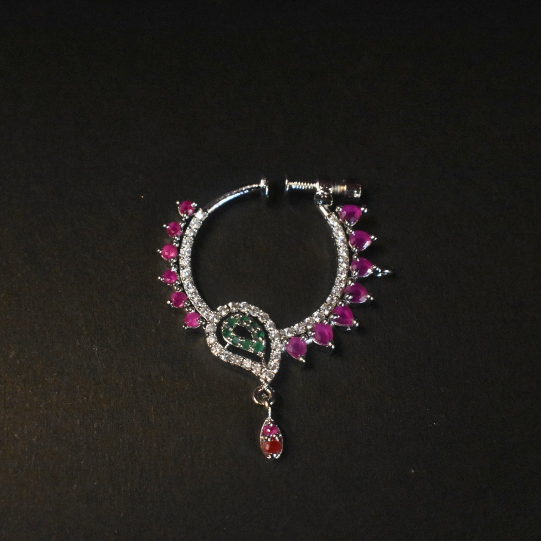 White Rhodium Plated South Indian Nath | No Piercing Nose Ring with Zircon Stones