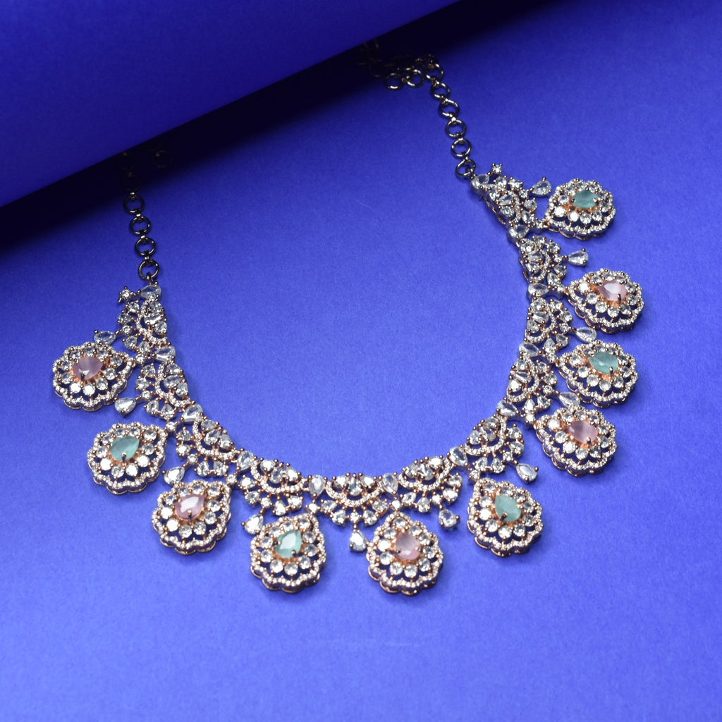 Rose Gold Plated CZ Necklace Set with Jhumka Earrings - Zircon Jewelry
