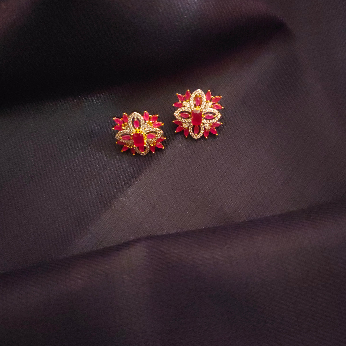 Ruby Starburst Flower Stud Earrings — CZ Diamond | Gold-Tone | Push-Back