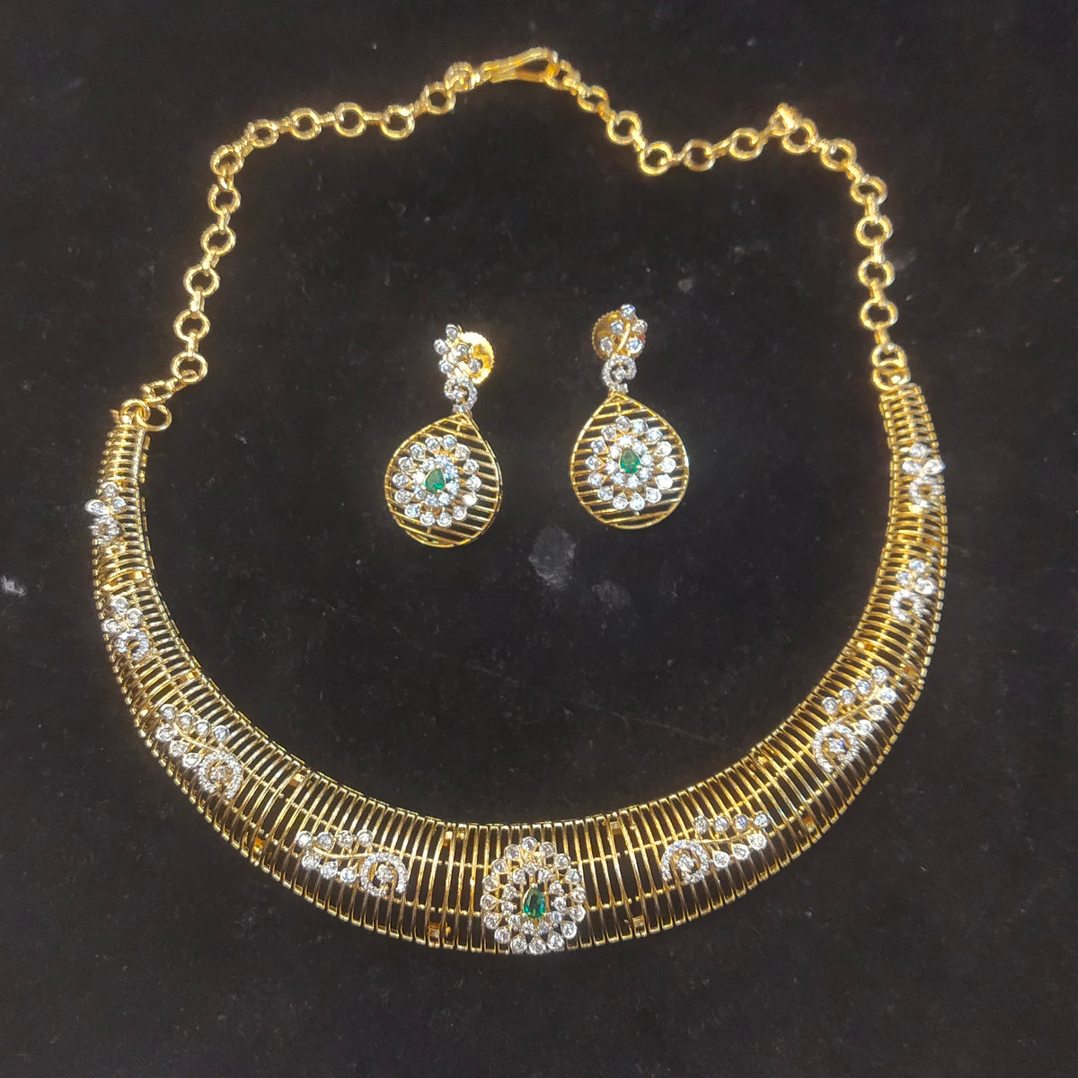Gold CZ Emerald Choker Necklace & Earring Set