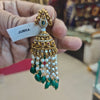 Antique Jhumka Earrings with Pearls & Emerald Beads | 7cm Long Traditional Jewellery