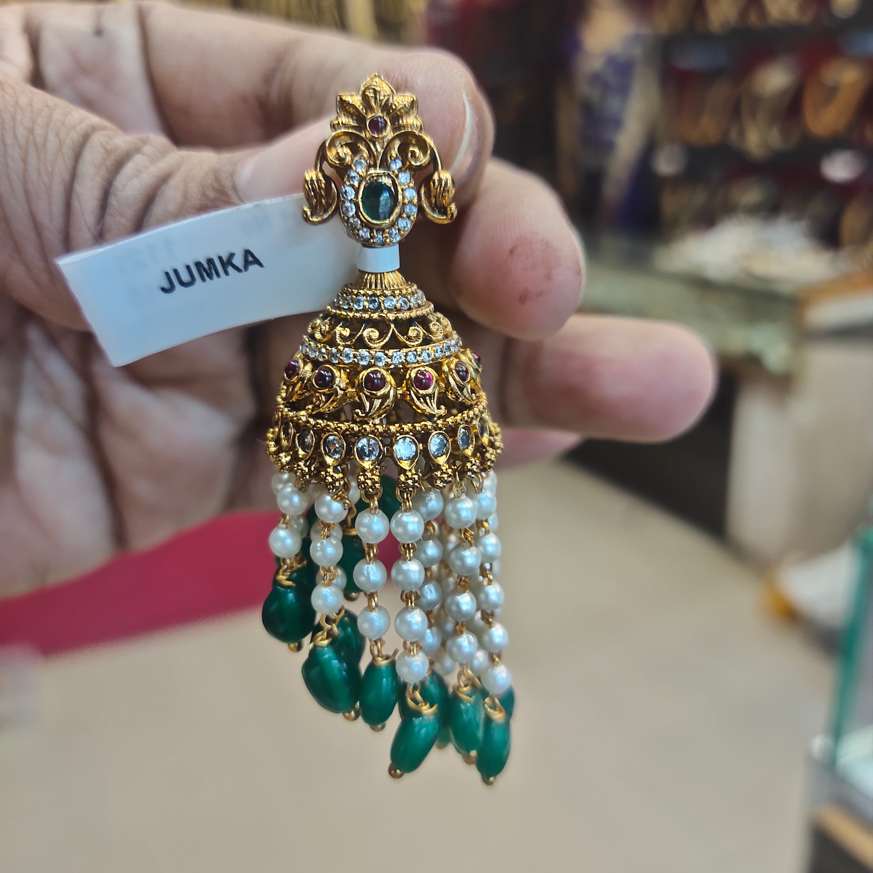 Antique Jhumka Earrings with Pearls & Emerald Beads | 7cm Long Traditional Jewellery