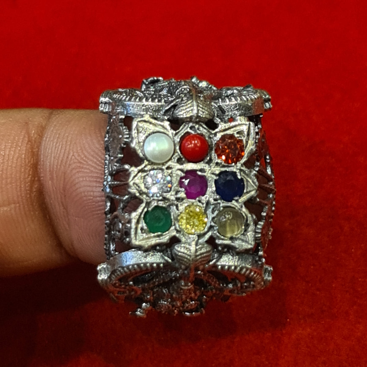 Embrace Elegance: The Exquisite 92.5 Silver Navratna-Embedded Balaji Ring for Men