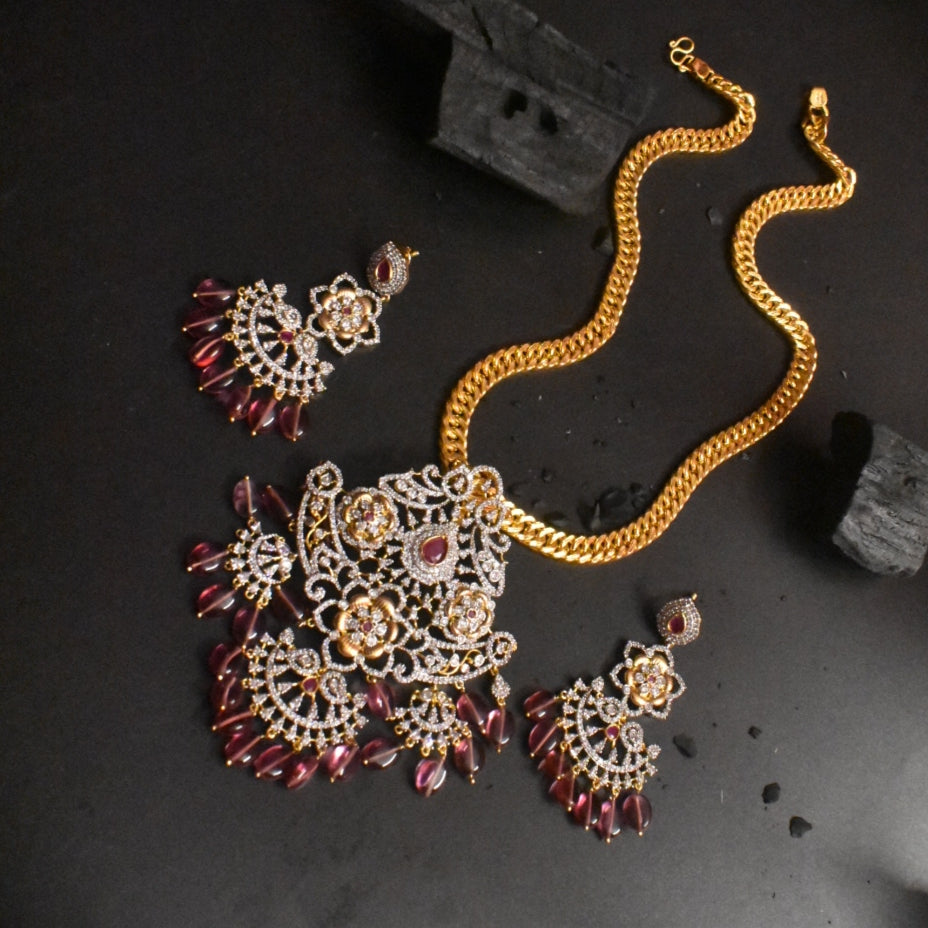 American Diamond Pendant Chain Set - 28 Inch Long Necklace with Earrings