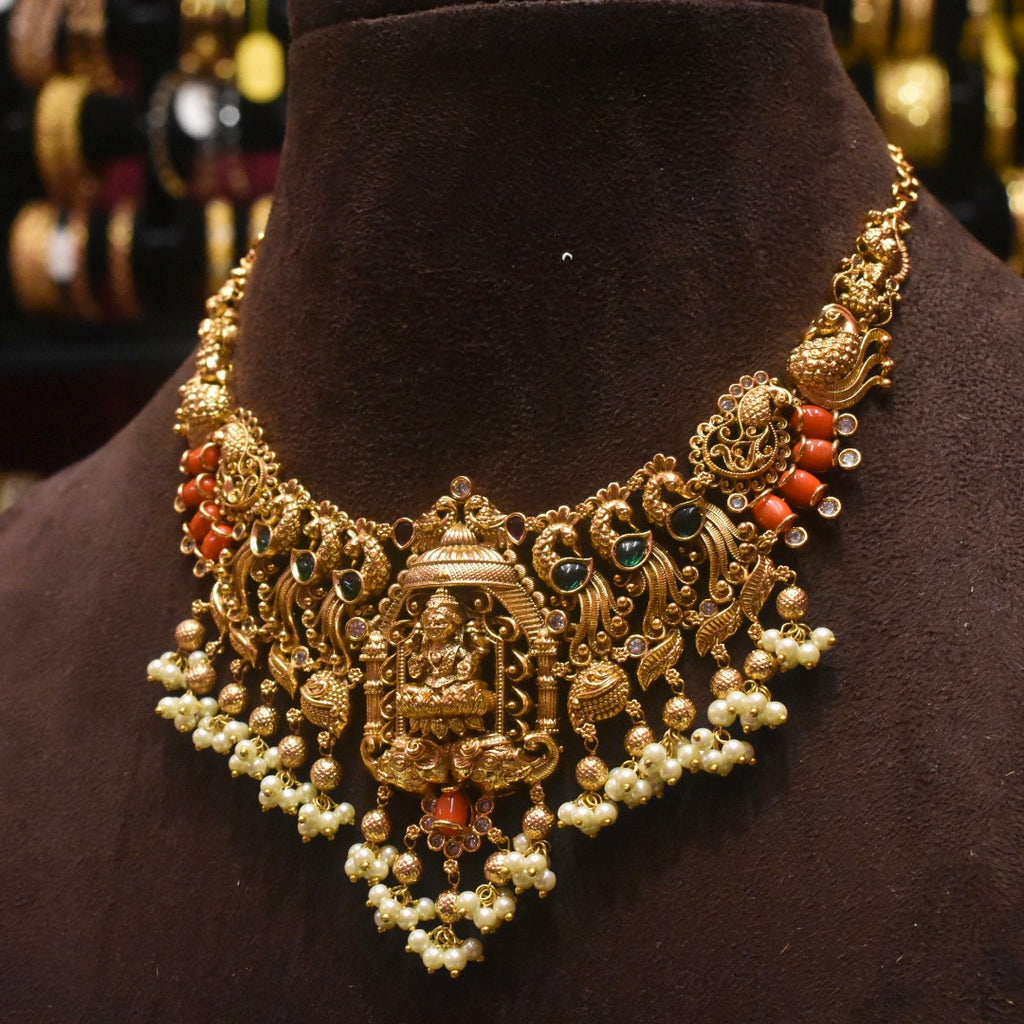 Antique Coral Laxmi Bridal Necklace Set - Traditional Indian Wedding Jewelry