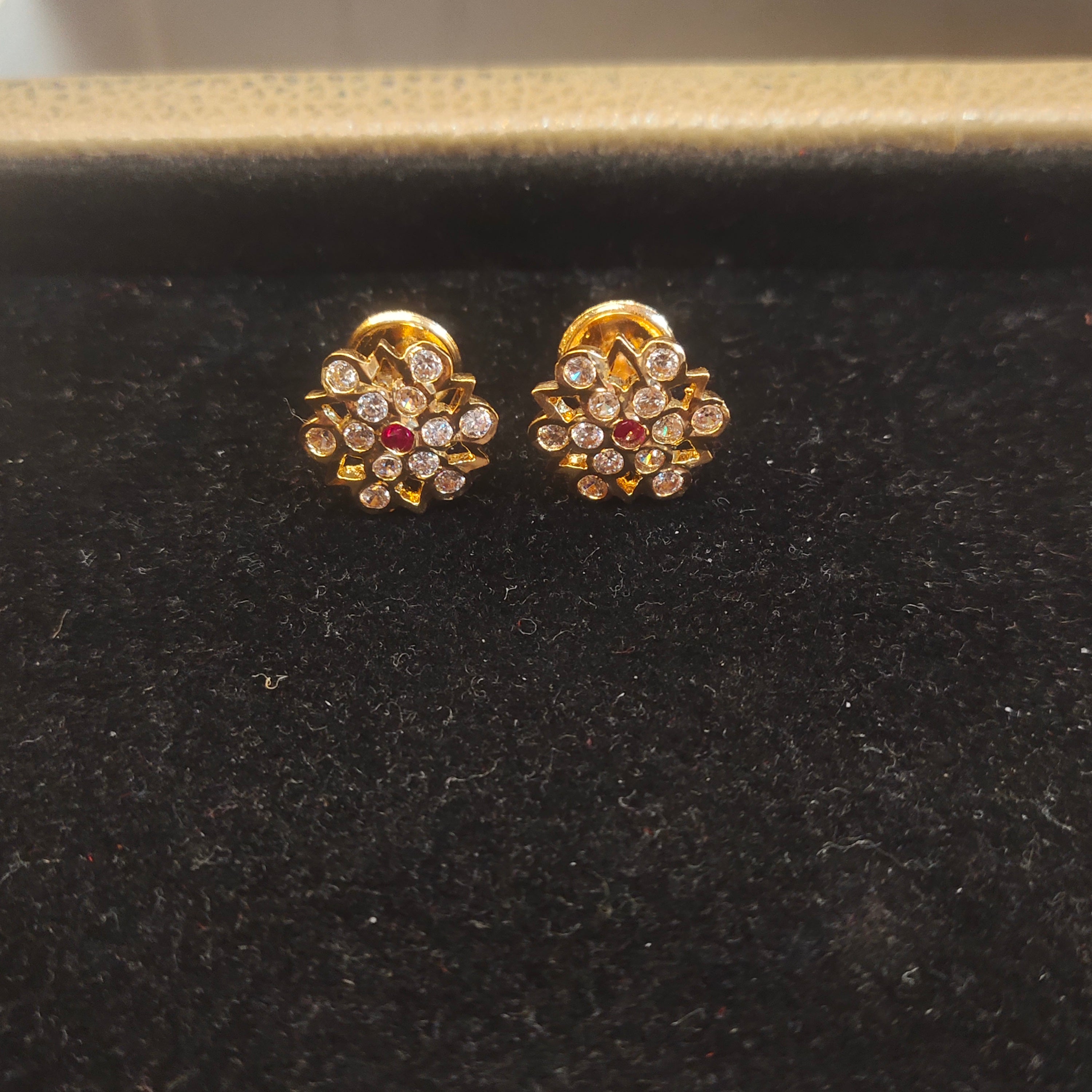 Panchaloha Kammalu Studs with CZ & Ruby Heart - Premium Floral