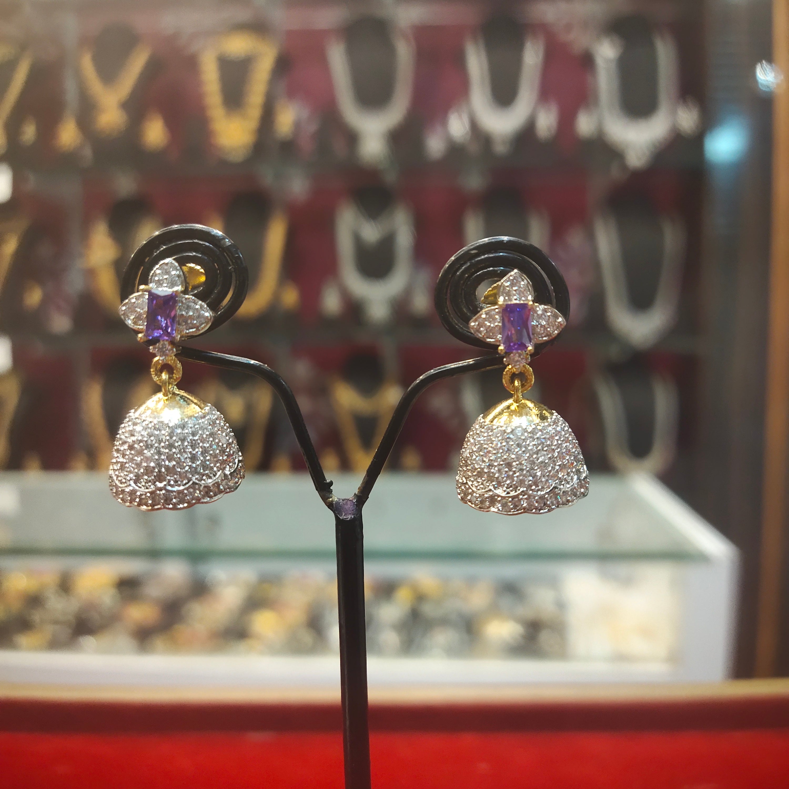 Rhodium-Gold Plated Zircon Diamond Jhumka Earrings - Teardrop Stone