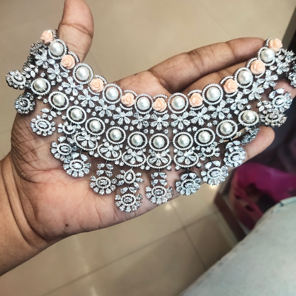 Pink Flower Beads Pearl Diamond Victorian Choker Set - Hyderabadi Bridal Jewelry