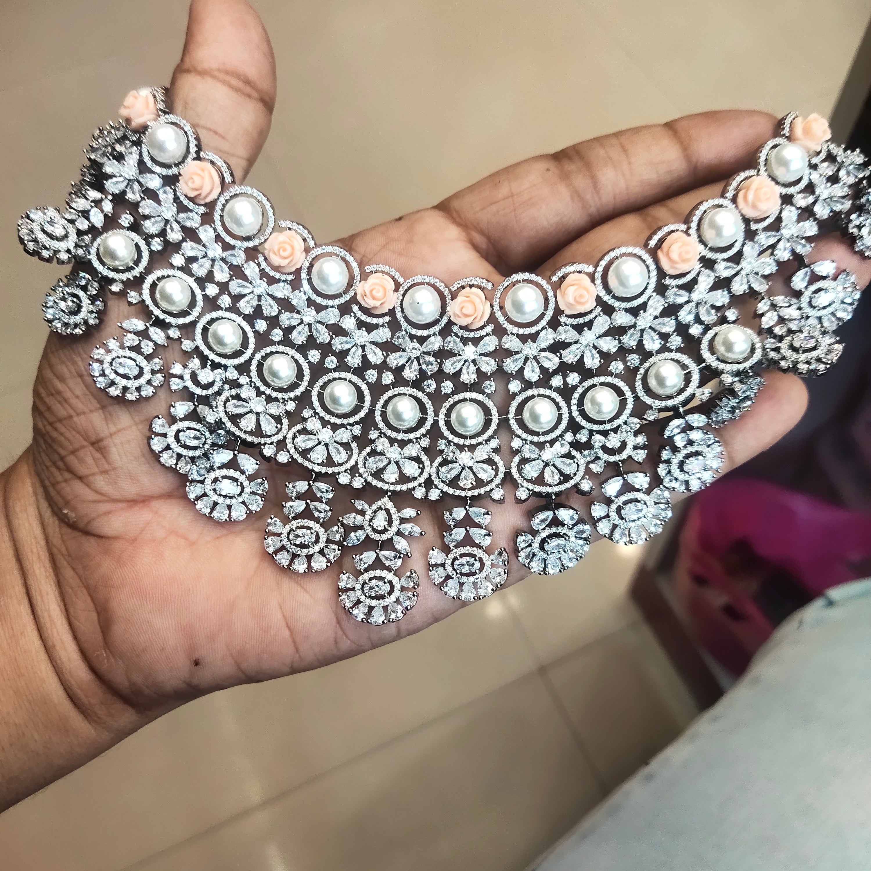 Pink Flower Beads Pearl Diamond Victorian Choker Set - Hyderabadi Bridal Jewelry