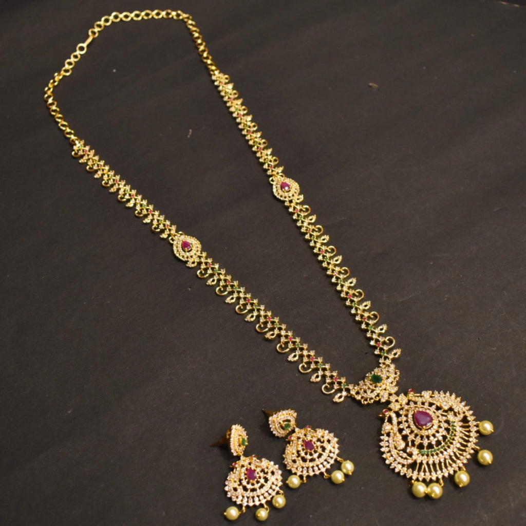 CZ Gold Plated Long Necklace Set - Traditional Temple Jewelry Design