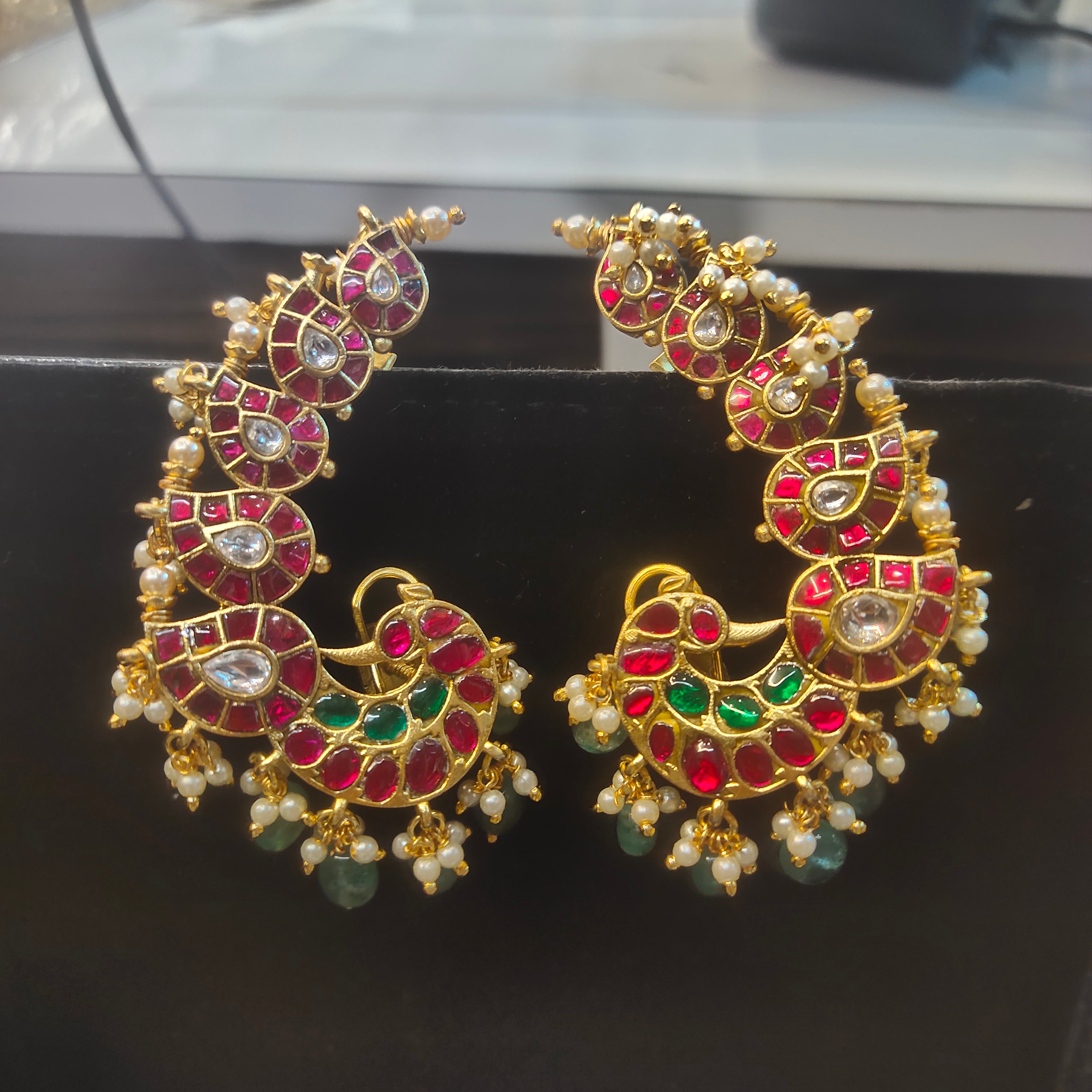 Kundan Ruby Emerald Ear Cuff | Multi-Tier Bridal Karna Phool