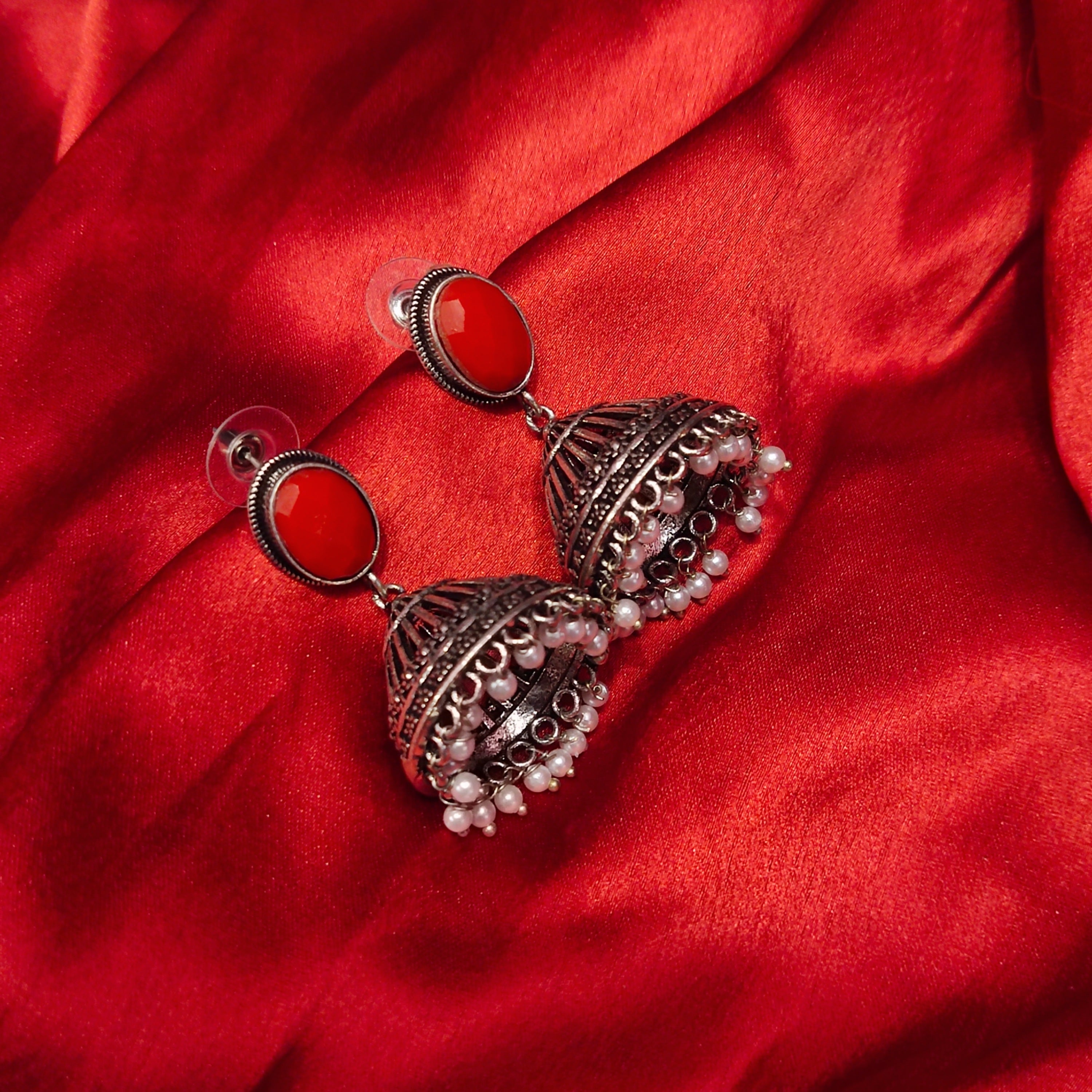 Traditional Oxidized Silver Jhumka - Red Pearl Embellished Earrings