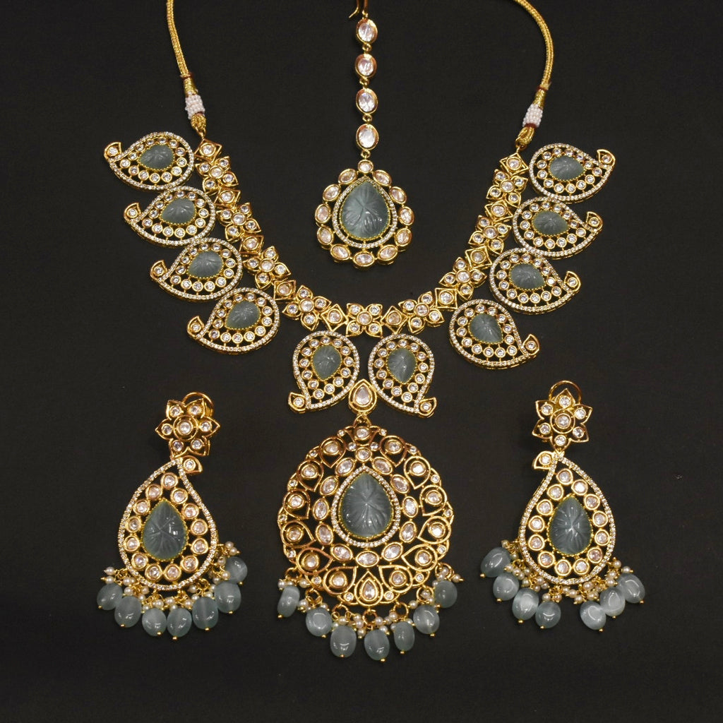 Pastel Green Kundan Mango Necklace - Traditional Indian Jewelry Set