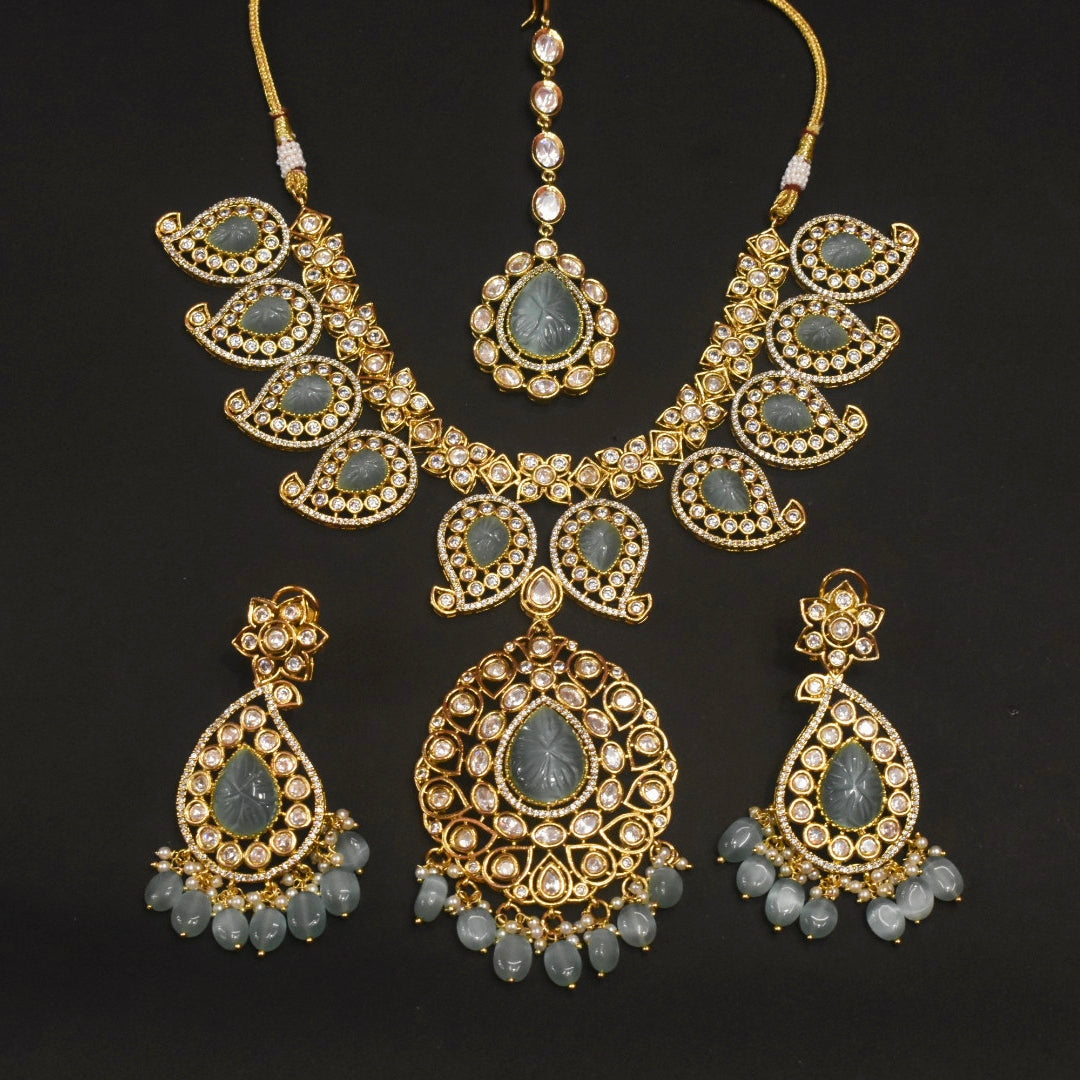 Pastel Green Kundan Mango Necklace - Traditional Indian Jewelry Set