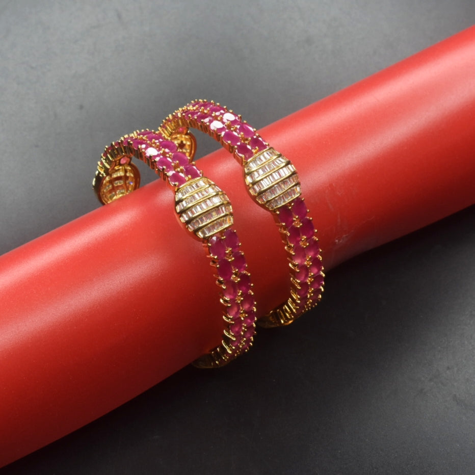 Gold Plated Pink CZ Stone Bangles Set - Glamorous Wedding Jewelry