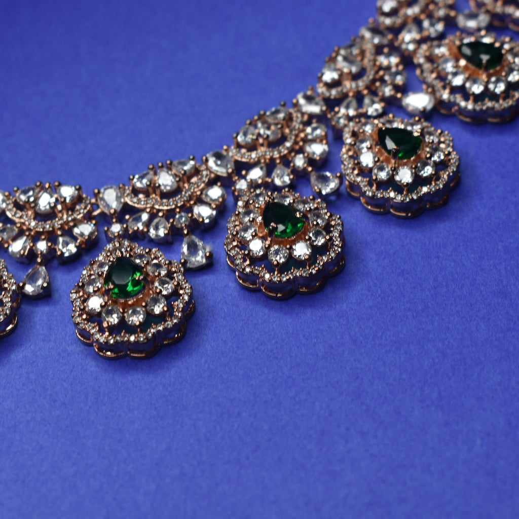 Rose Gold CZ Necklace Set with Jhumkas - Cubic Zircon Jewelry