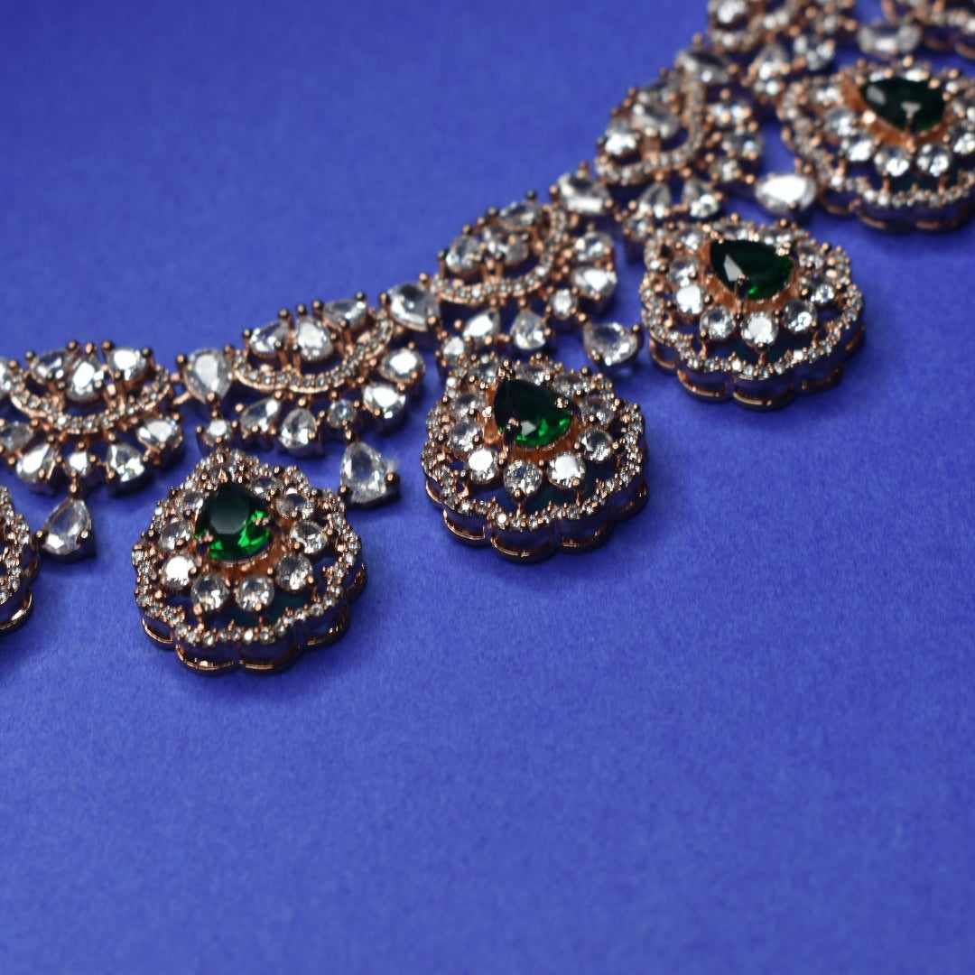 Rose Gold CZ Necklace Set with Jhumkas - Cubic Zircon Jewelry