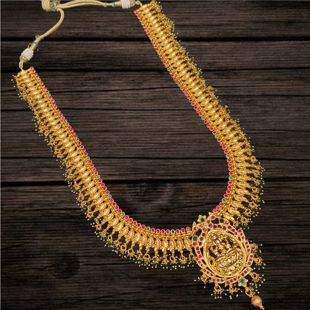 24K Gold Plated Nagas Lakshmi Guttapusalu Haram Necklace Set - Antique Green Onyx Temple Jewelry