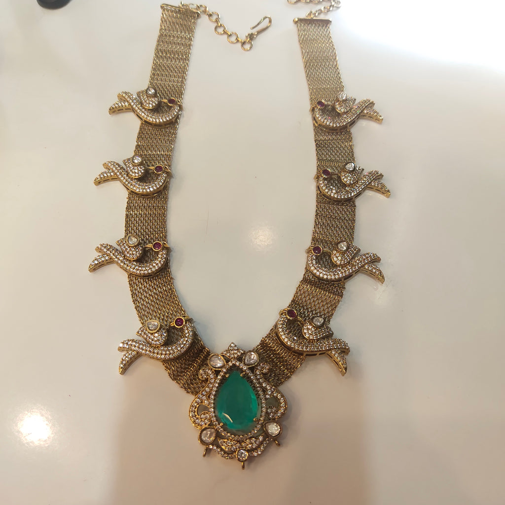 Vintage Turquoise Zircon Peacock Mesh Chain Necklace with Earrings - Gold Plated