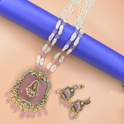 Pink Victorian Balaji Pendant Set with Beads Necklace & Earrings