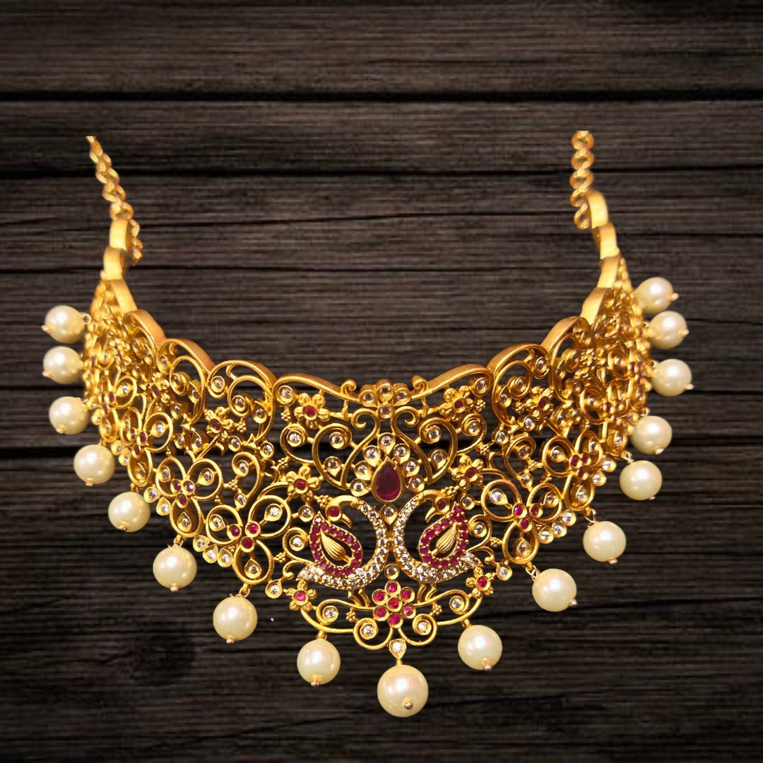 CZ Matte Choker Set with Jhumka Earrings - 24K Gold Plated Bridal Jewellery