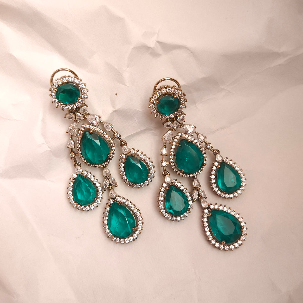Emerald Green Zircon Chandelier Dangler Earrings - 24K Gold Plated