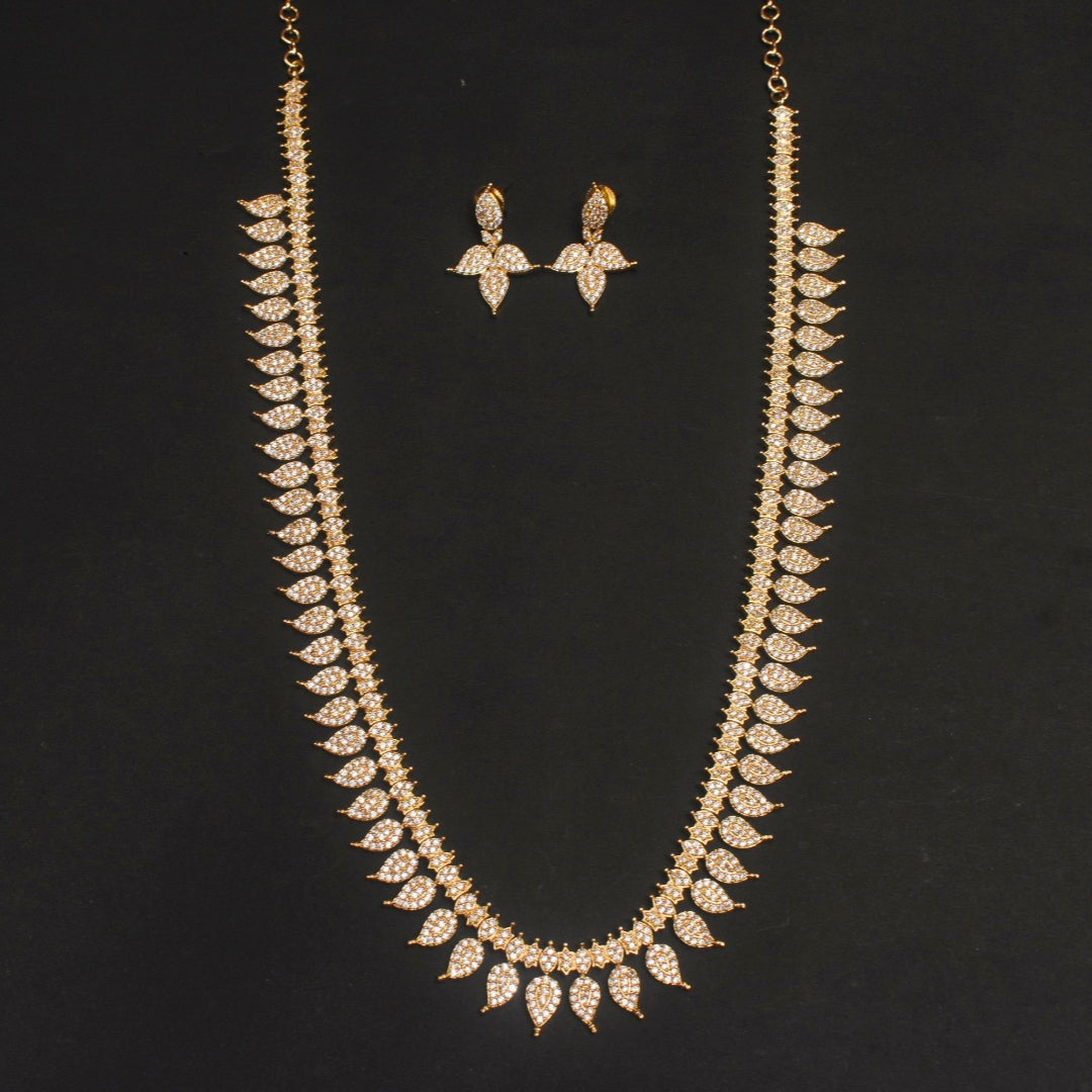 24K Gold Plated Zircon Long Necklace Set - South Indian Traditional Design