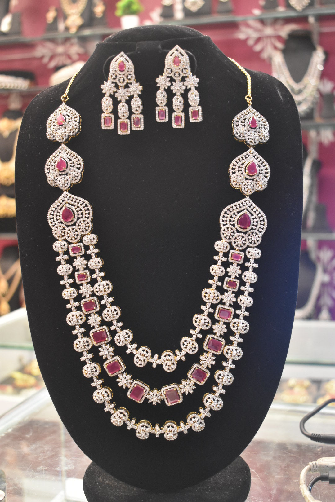 Diamond CZ Ruby Bridal Necklace Set – 3-Layer Statement Jewelry 872843197468